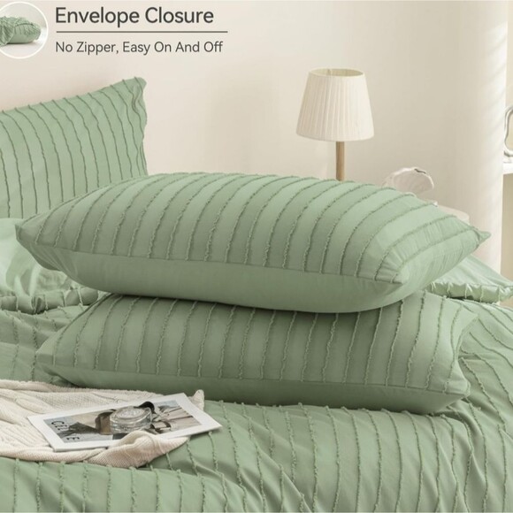 Queen Size Light Sage Green Boho Tufted Striped Duvet Cover Set - Picture 4 of 12